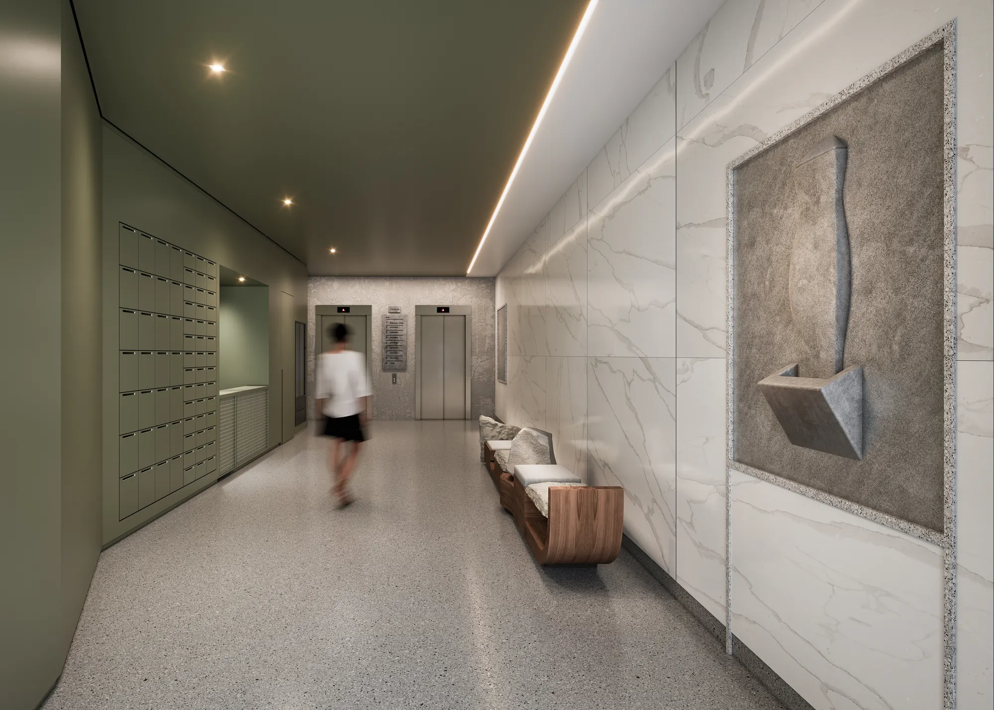 Hall do Edifício Tebas com painel escultórico, interiores por MM18 Arquitetura.