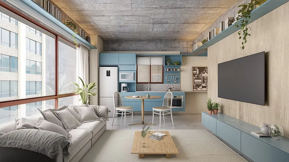 Sala de um apartamento de 1 dormitório do Edifício Tebas.