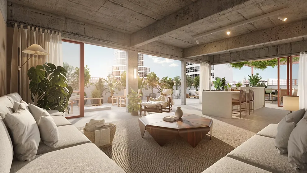 Living da casa suspensa do Edifício Tebas, com pé-direito em concreto aparente e vista para a cidade.